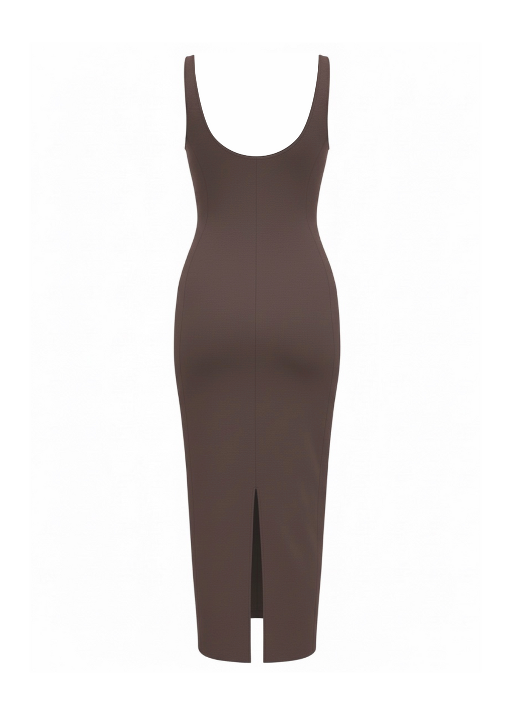 A sleeveless, bodycon midi dress in a dark brown color, featuring a scoop neckline and a front slit, shown against a plain white background.