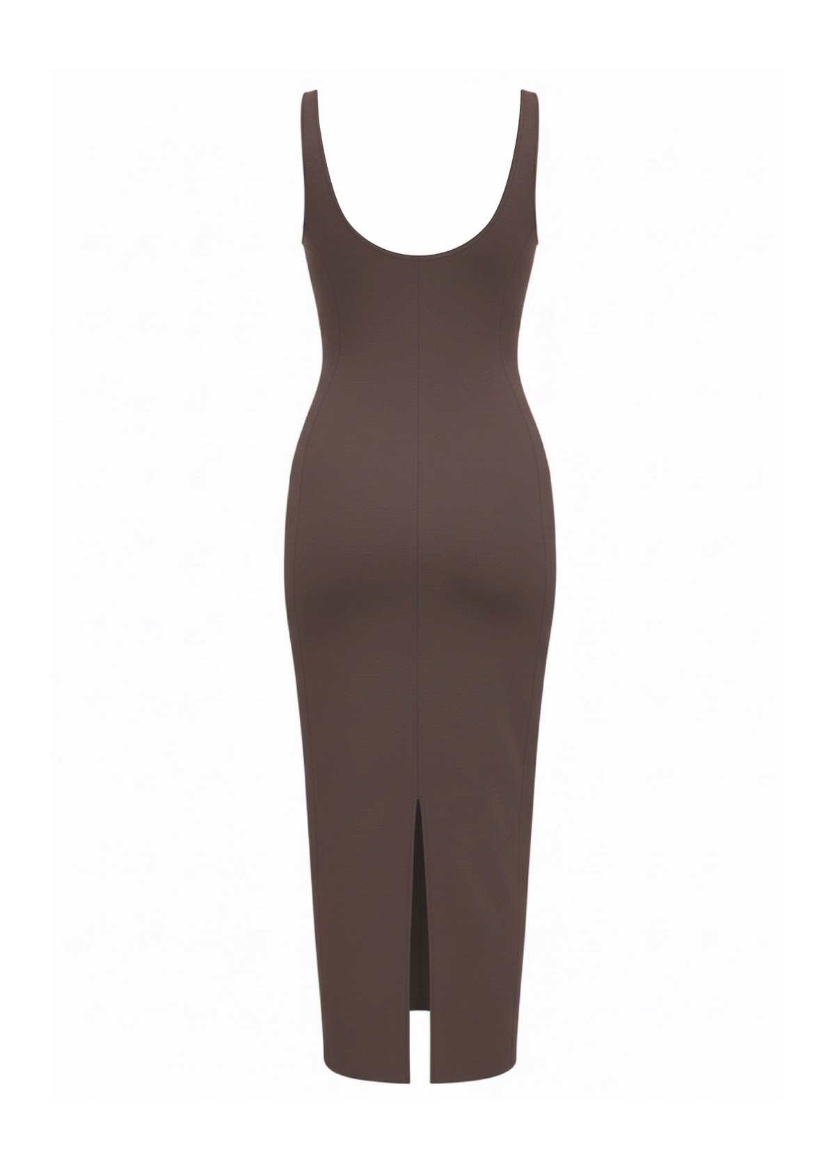A sleeveless, bodycon midi dress in a dark brown color, featuring a scoop neckline and a front slit, shown against a plain white background.