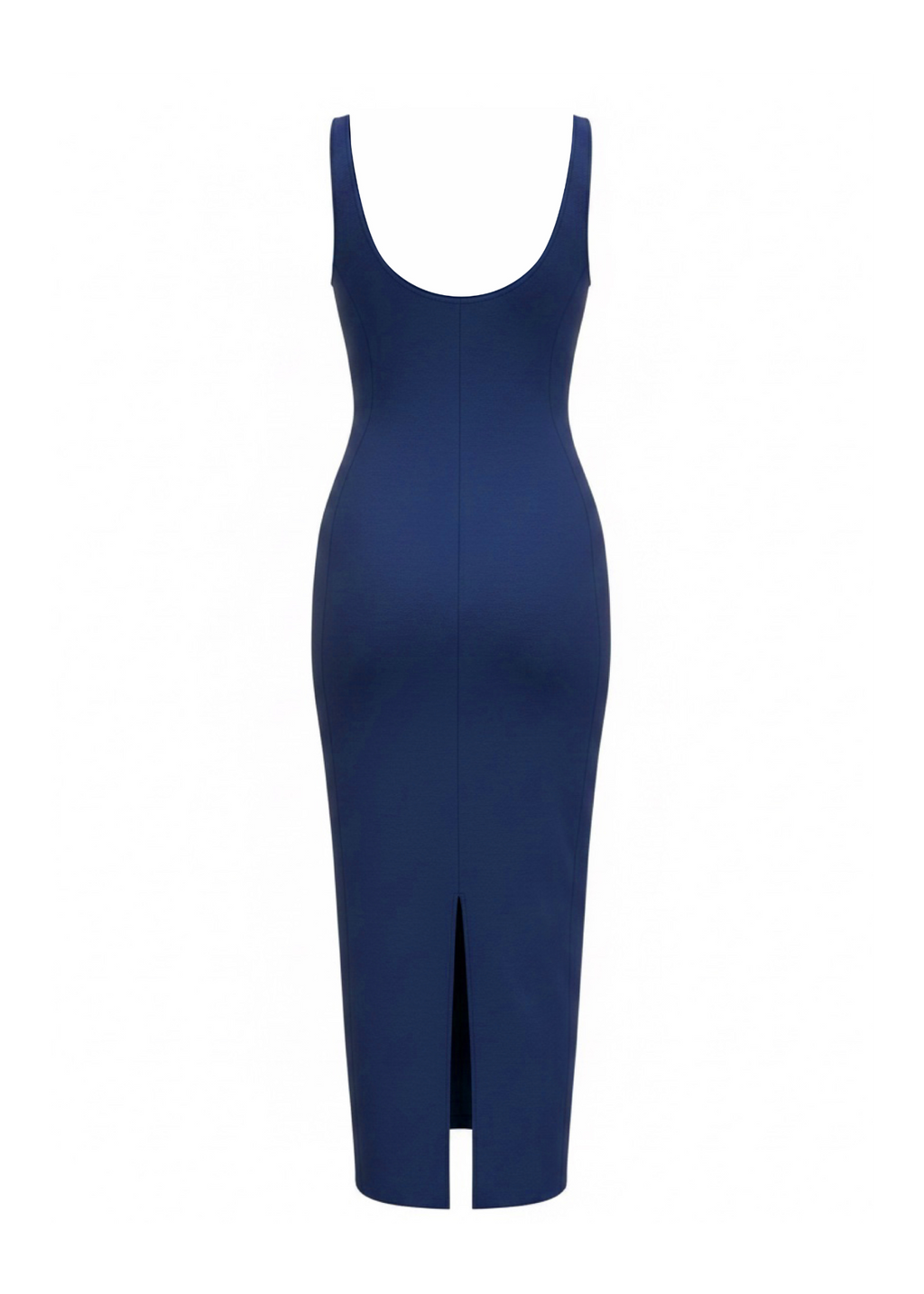 Back view  navy blue sleeveless bodycon midi dress with a scoop neckline and a front slit, shown on a plain white background.