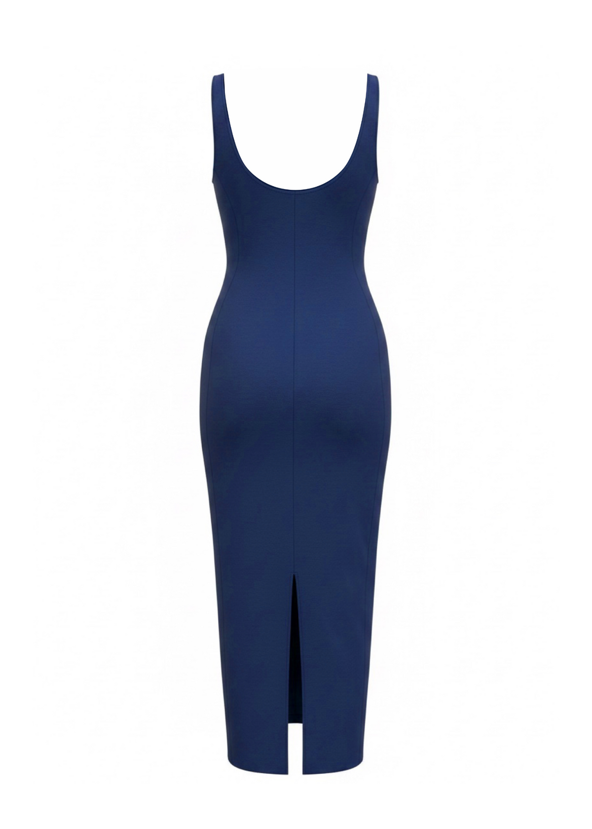 Back view  navy blue sleeveless bodycon midi dress with a scoop neckline and a front slit, shown on a plain white background.