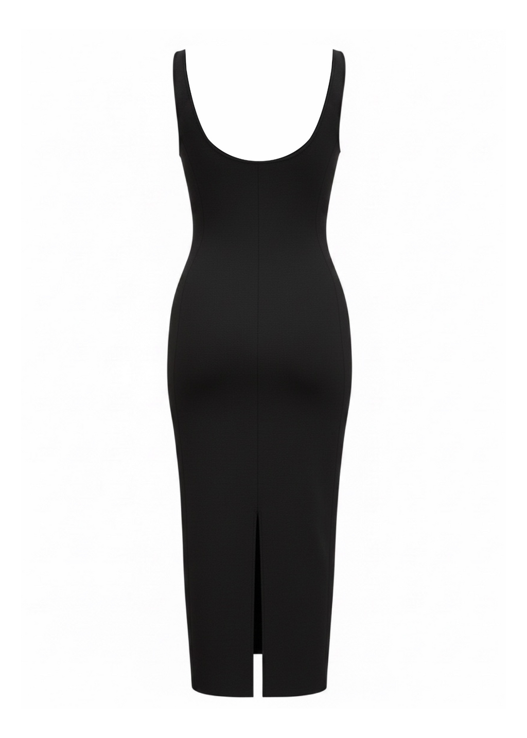A black sleeveless bodycon midi dress with a scoop neckline and a front slit, shown on a plain white background.