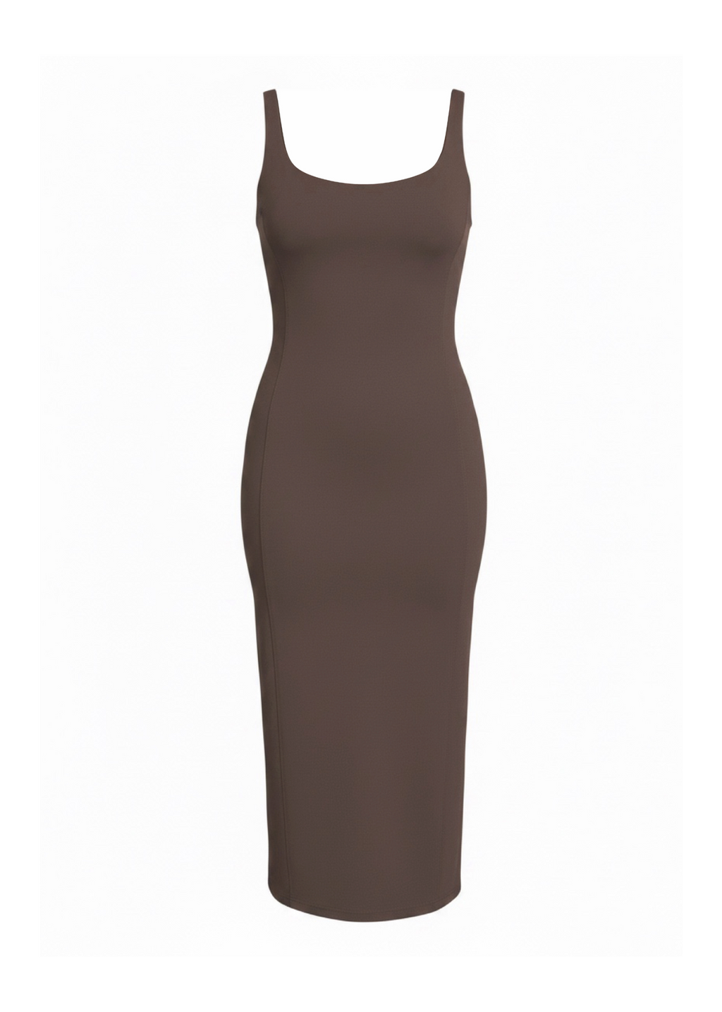 A sleeveless, bodycon midi dress in a solid dark brown color, shown against a plain white background.