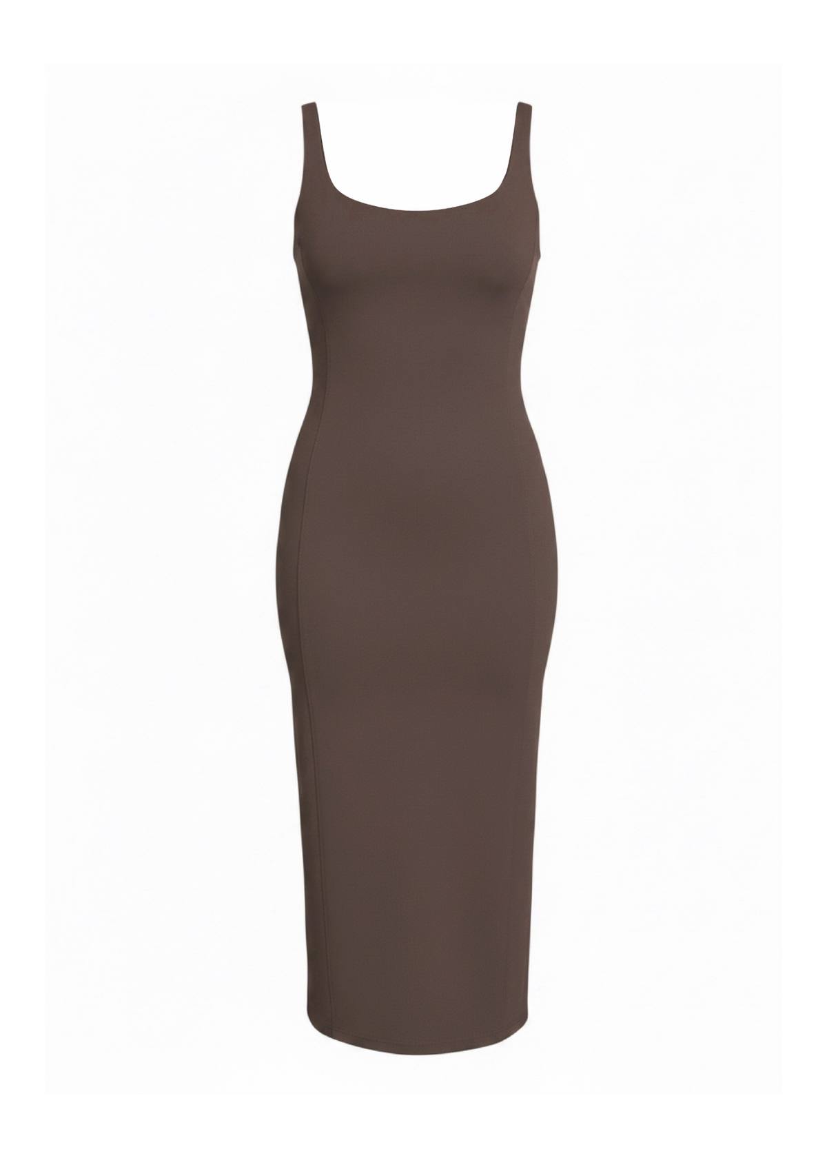 A sleeveless, bodycon midi dress in a solid dark brown color, shown against a plain white background.