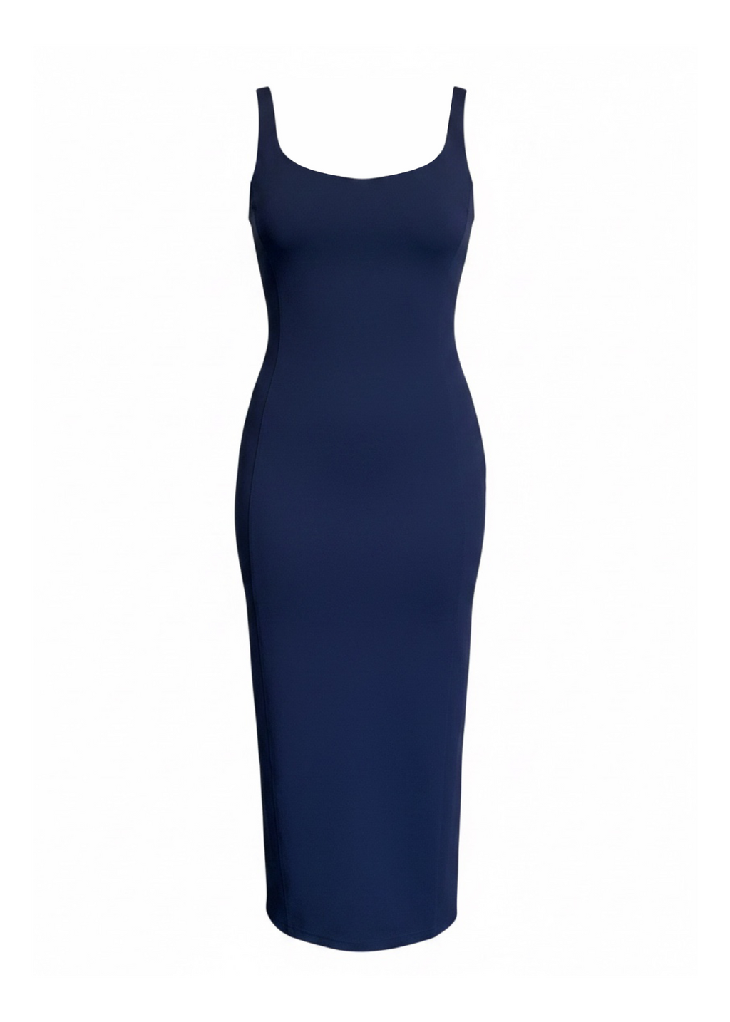 A navy blue sleeveless bodycon midi dress with thin shoulder straps, shown against a plain white background.