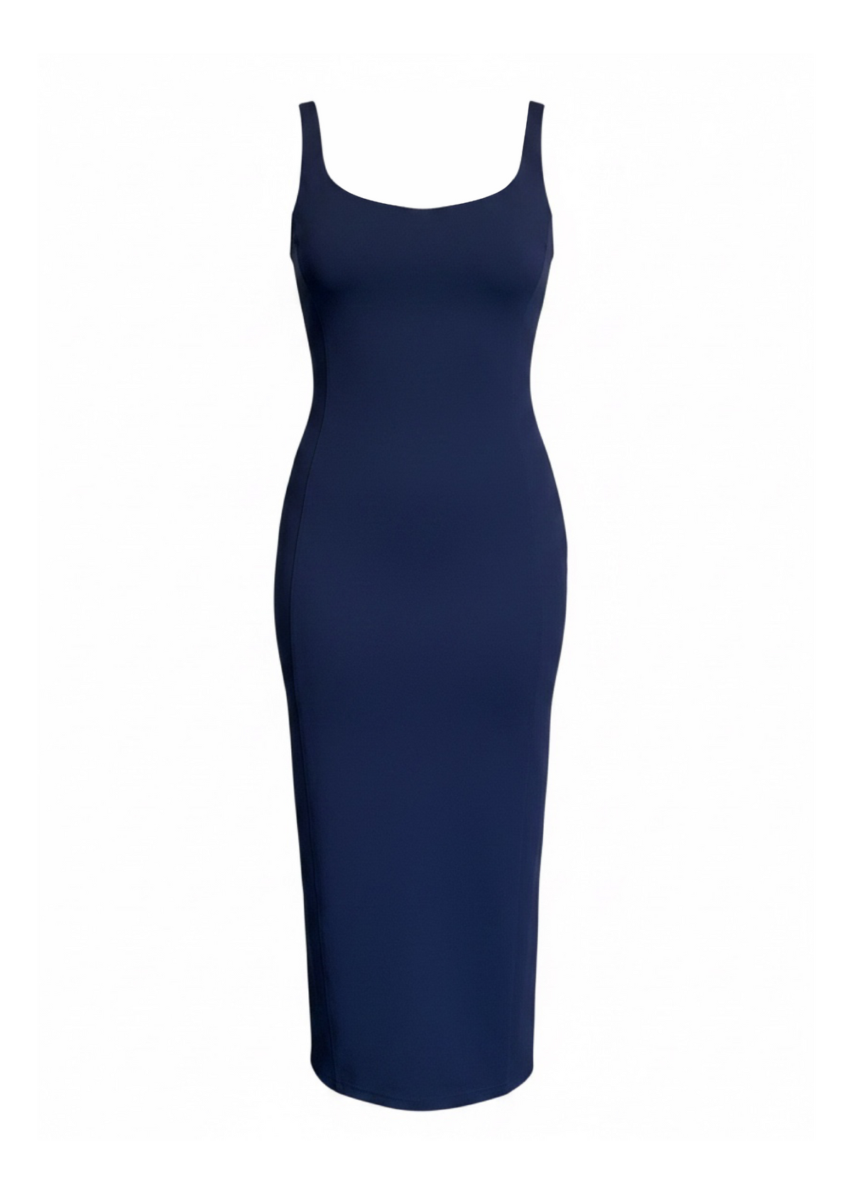 A navy blue sleeveless bodycon midi dress with thin shoulder straps, shown against a plain white background.