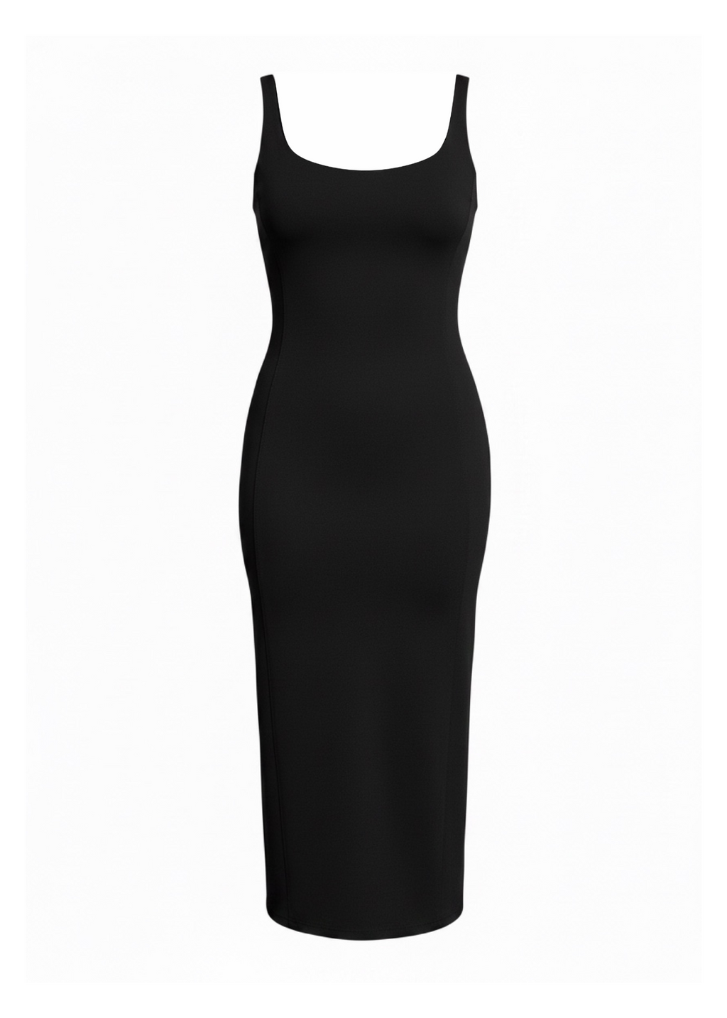 A black sleeveless bodycon midi dress with a scoop neckline and thin shoulder straps, shown on a plain white background.