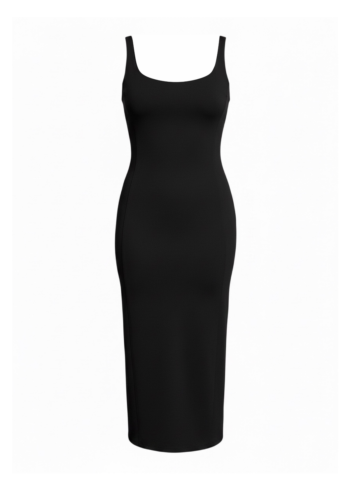 A black sleeveless bodycon midi dress with a scoop neckline and thin shoulder straps, shown on a plain white background.