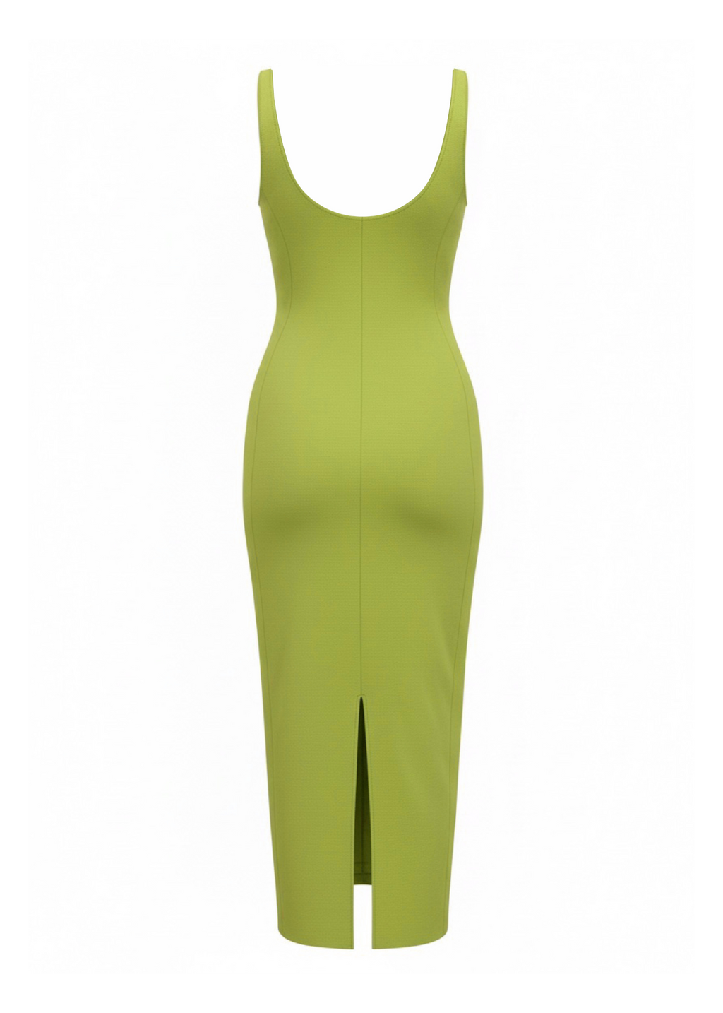 A green sleeveless bodycon midi dress with a scoop neckline and a front slit, shown on a plain white background.