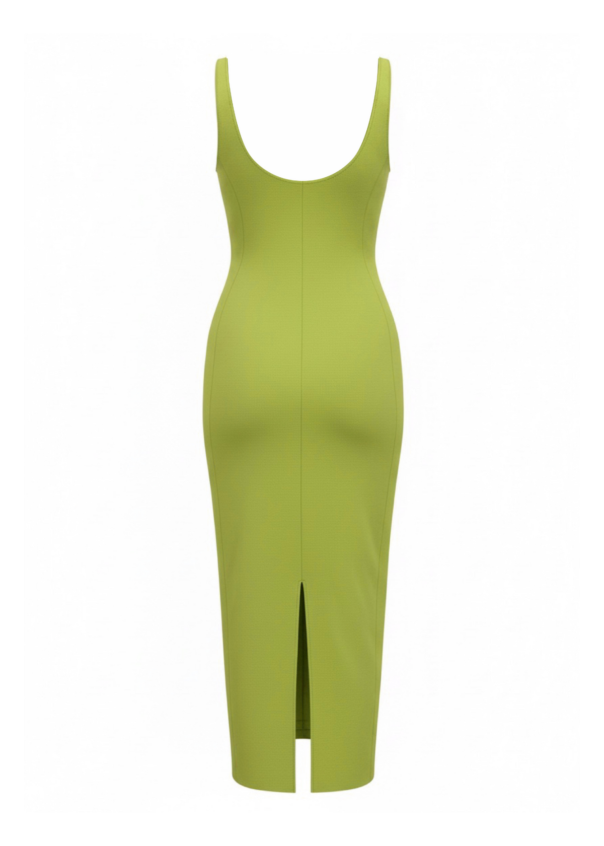 A green sleeveless bodycon midi dress with a scoop neckline and a front slit, shown on a plain white background.