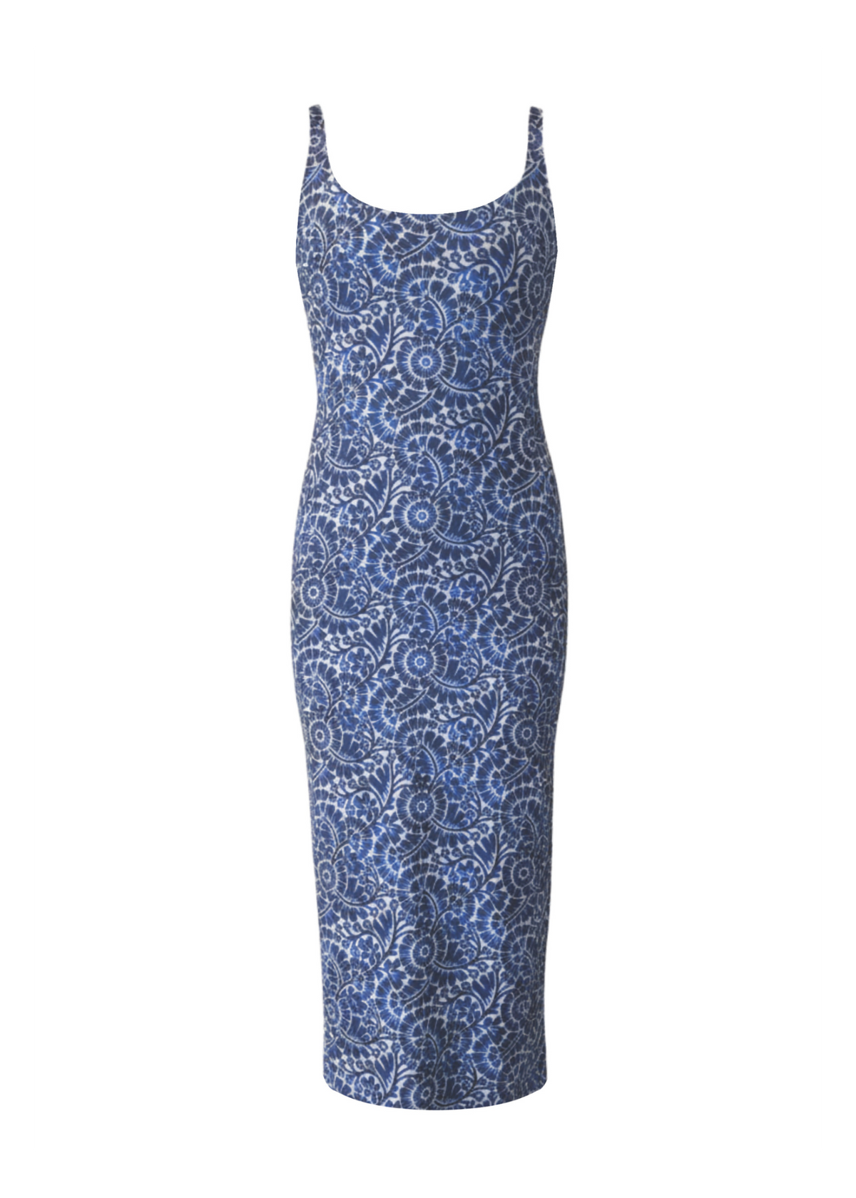 A sleeveless bodycon midi dress with a blue and white circular mandala pattern, shown against a plain white background.