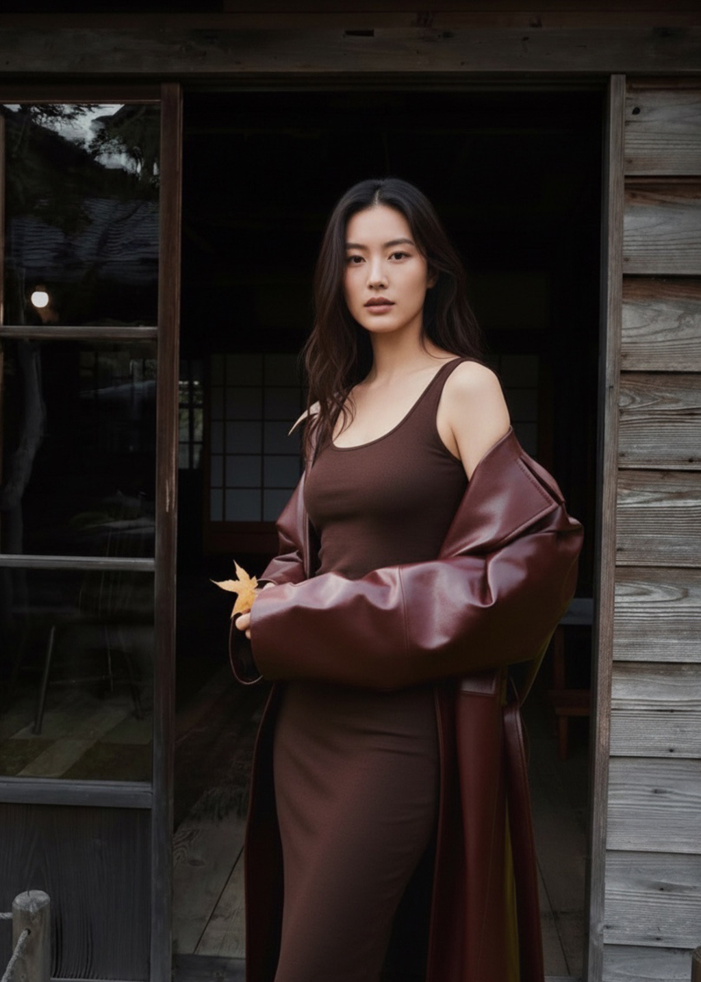 A woman stands in a rustic wooden doorway wearing a dark brown sleeveless dress with wide, voluminous glossy brown draped sleeves. She holds a small orange flower against a moody, dimly lit background.