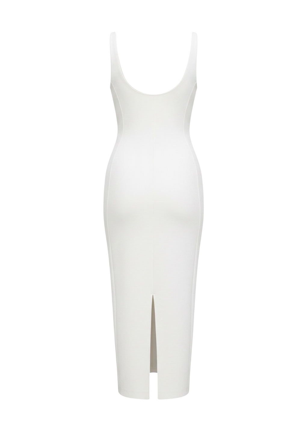 A white sleeveless bodycon midi dress with a scoop neckline and a front slit, shown against a plain white background.