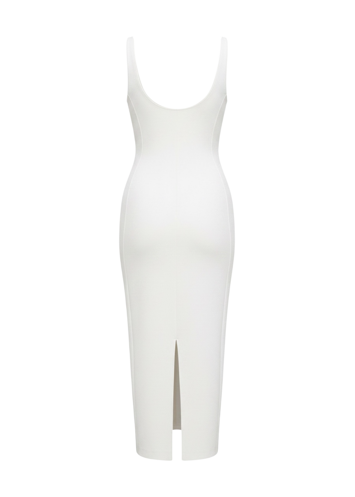A white sleeveless bodycon midi dress with a scoop neckline and a front slit, shown against a plain white background.