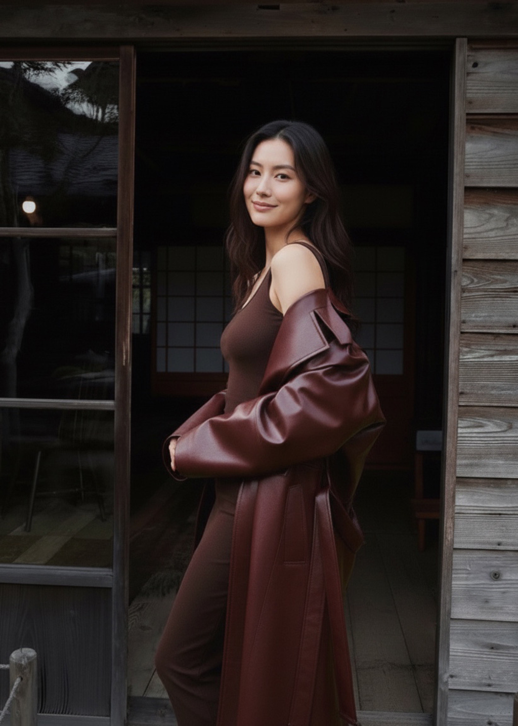 A woman stands in a doorway wearing a dark brown satin-like off-the-shoulder dress with a matching long draped wrap or coat over her arm, set against a rustic wooden building background.