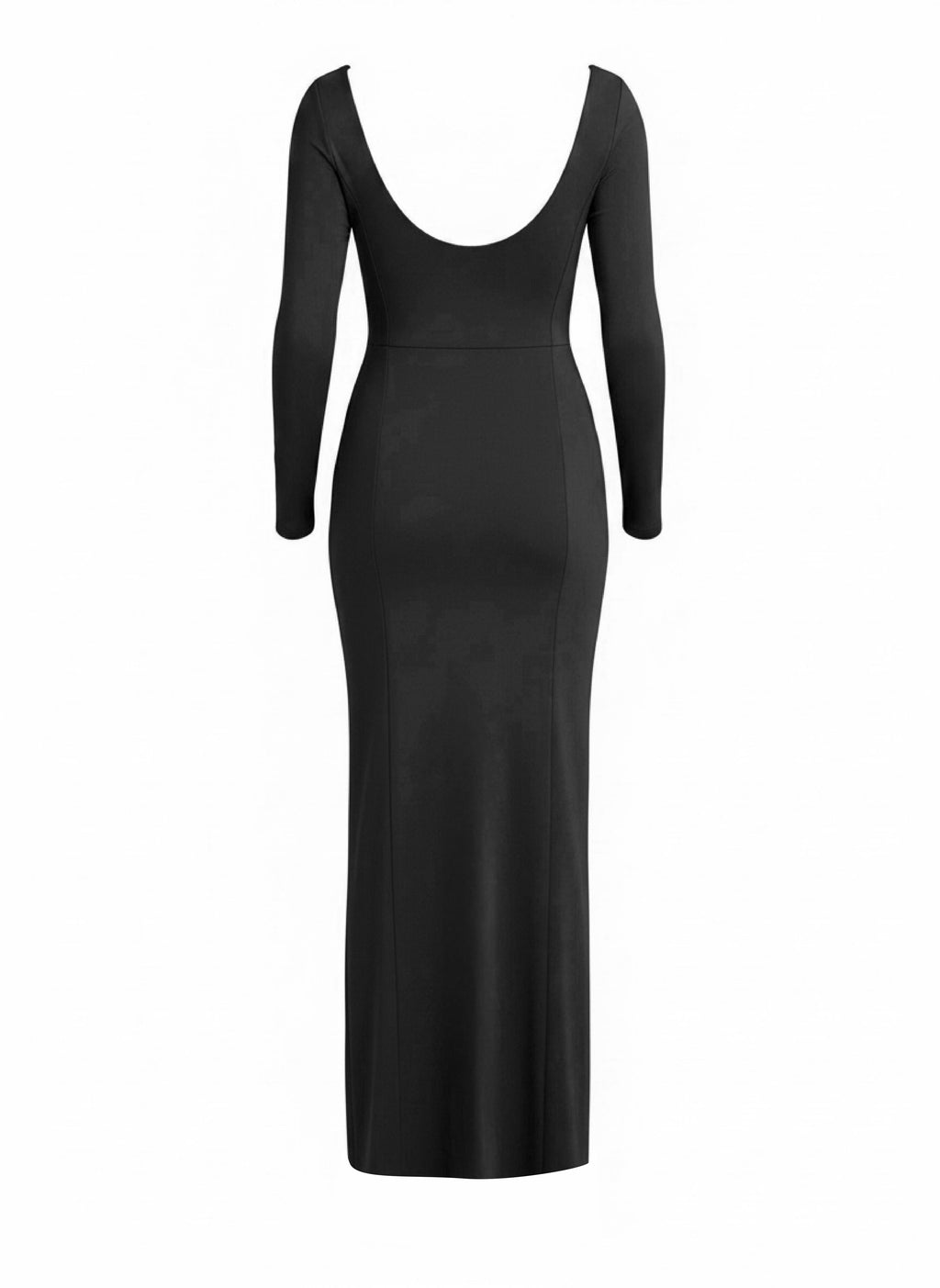 A black long-sleeve maxi dress with a deep scoop neckline, shown on a plain white background.