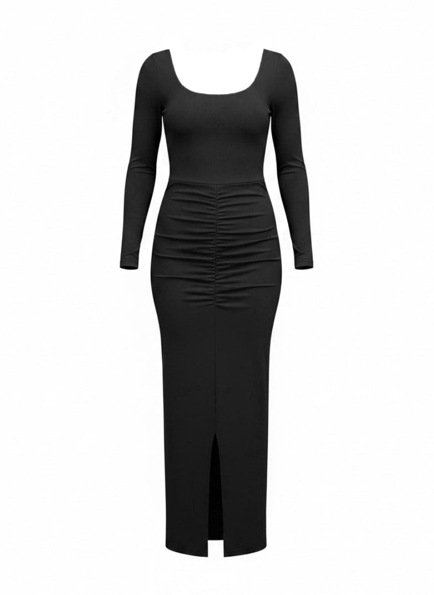 A black long-sleeve midi dress with a scoop neckline and ruched detailing at the waist, shown on a plain white background.