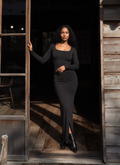Long sleeve black dress with ruching