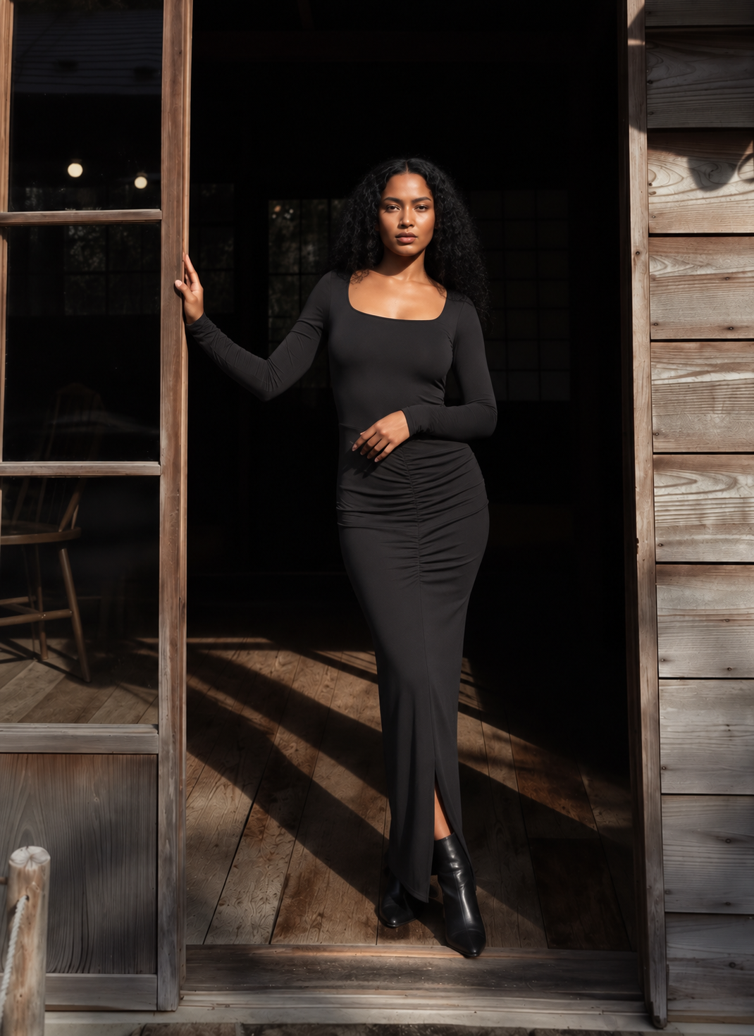 Long sleeve black dress with ruching