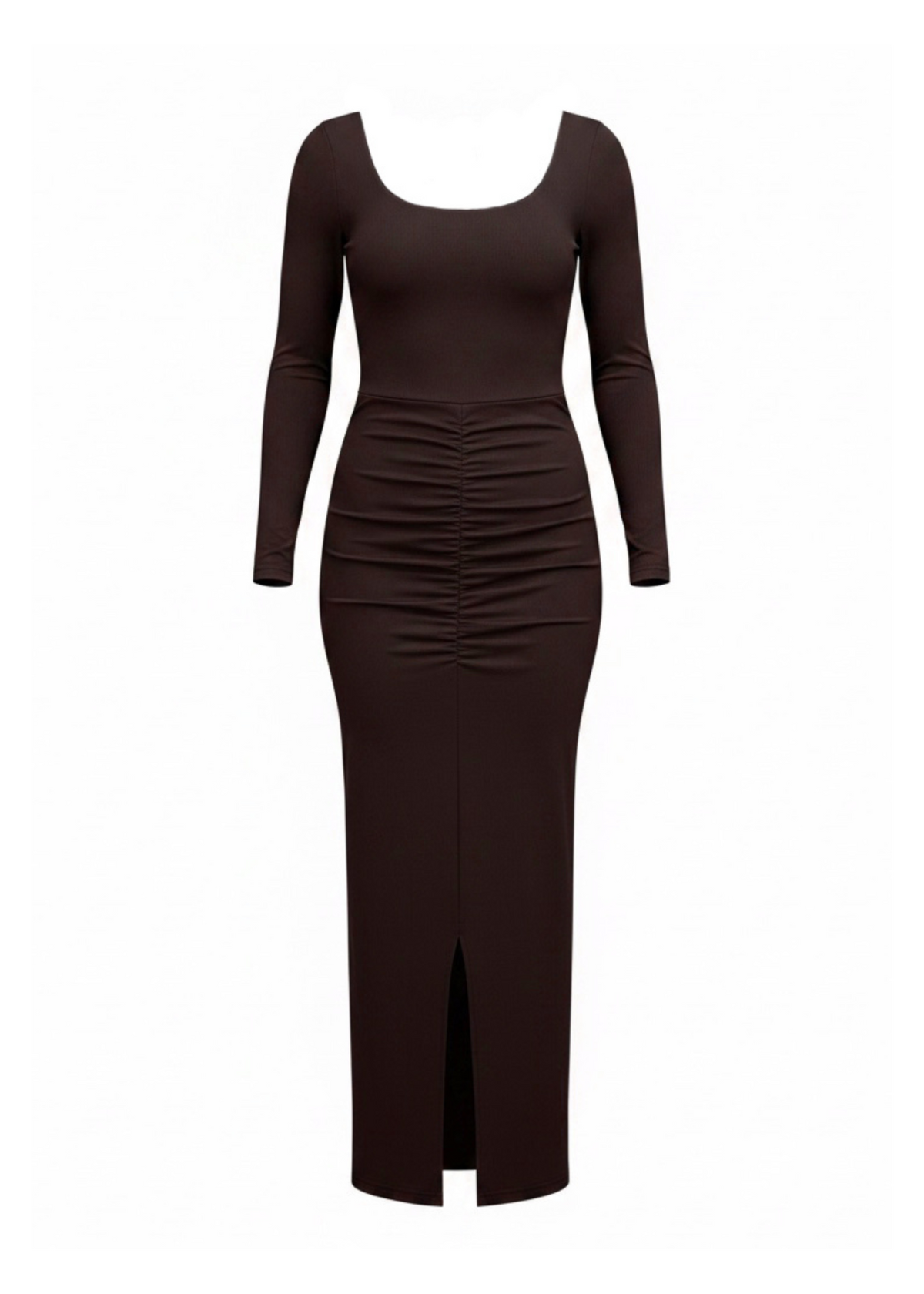 A dark brown long-sleeve midi dress with a scoop neckline, ruched waist, and front slit, shown on a plain white background.