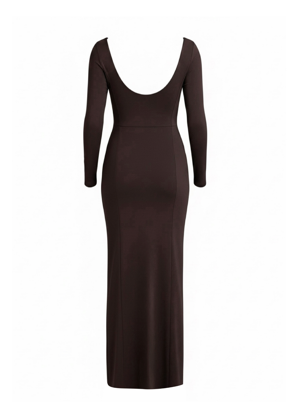 A dark brown long-sleeve maxi dress with a deep scoop neckline, shown on a plain white background.