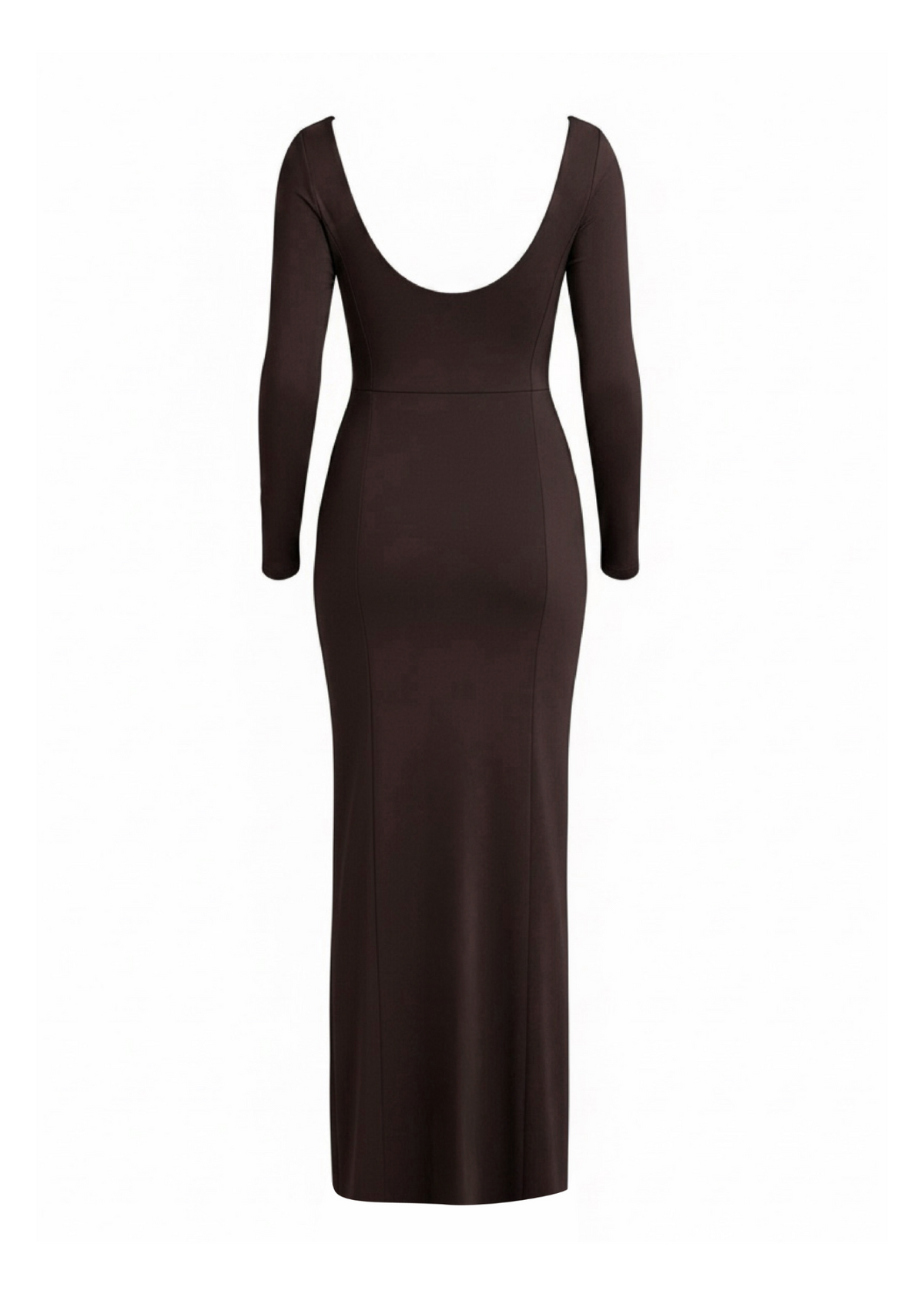 A dark brown long-sleeve maxi dress with a deep scoop neckline, shown on a plain white background.