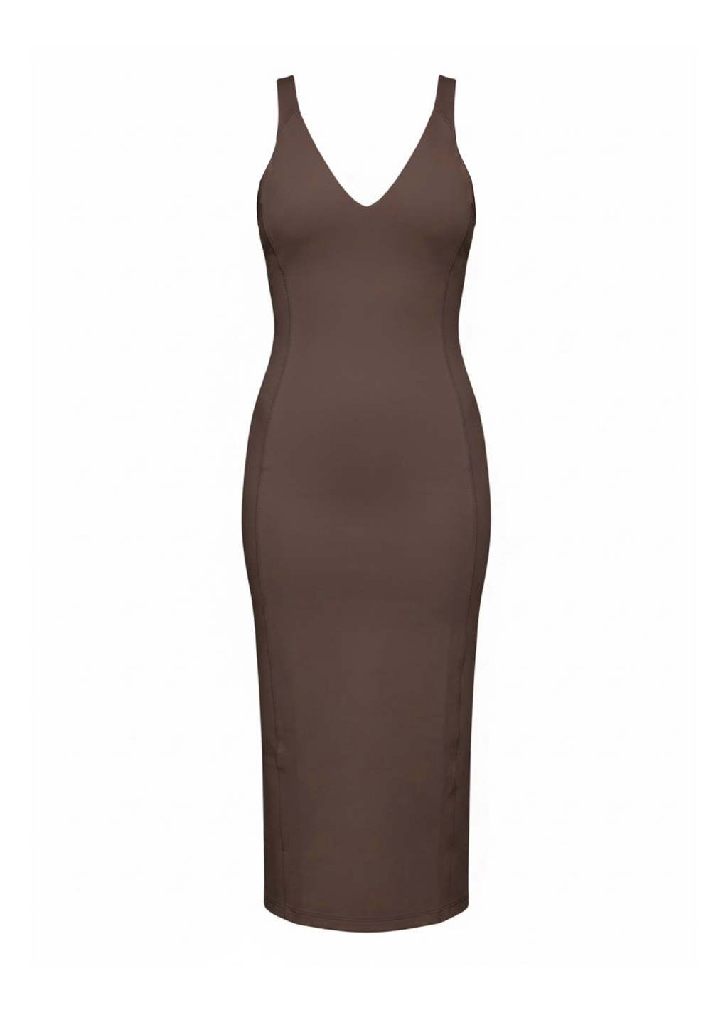 A sleeveless, bodycon midi dress in a solid dark brown color, featuring a V-neckline, shown against a plain white background.