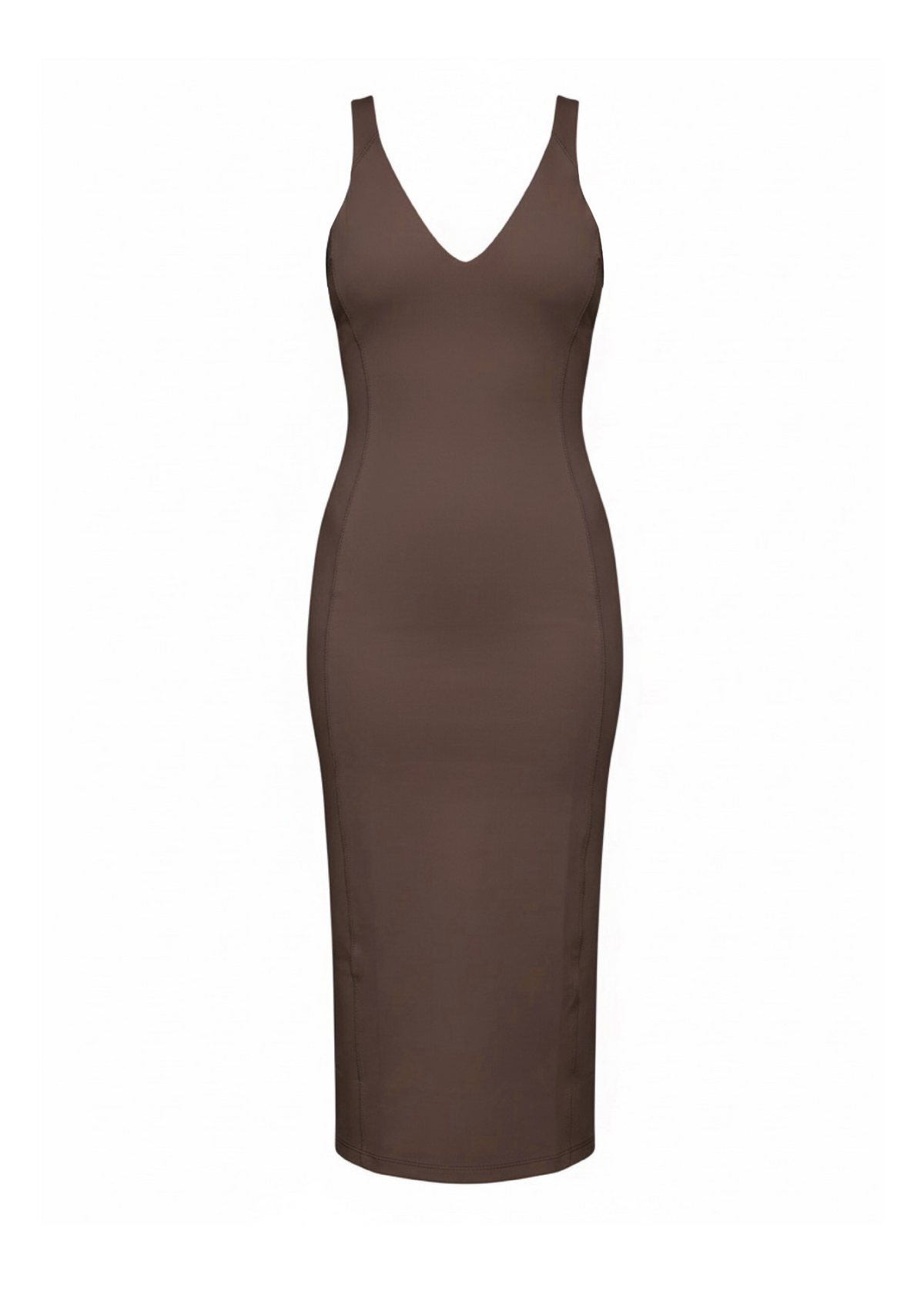 A sleeveless, bodycon midi dress in a solid dark brown color, featuring a V-neckline, shown against a plain white background.