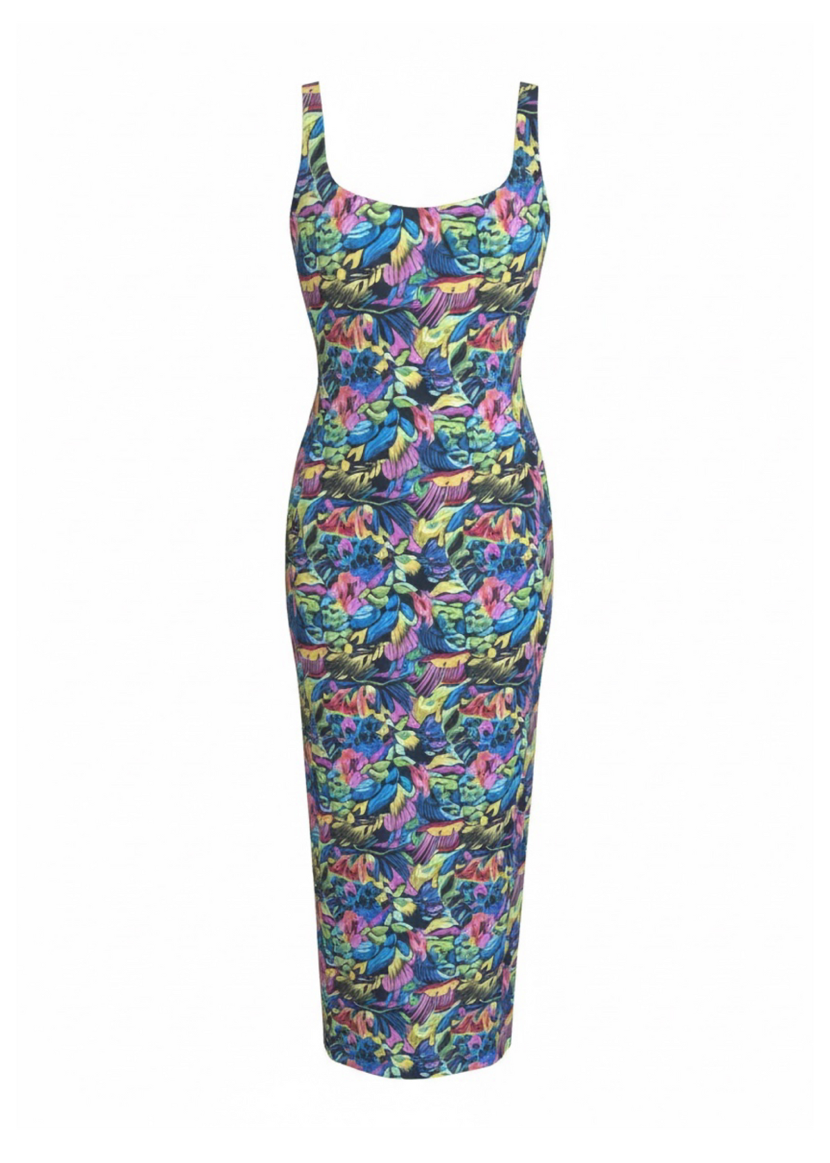 A sleeveless bodycon midi dress with a vibrant multicolor floral and leaf pattern, featuring thin shoulder straps and a scoop neckline, shown against a plain white background.