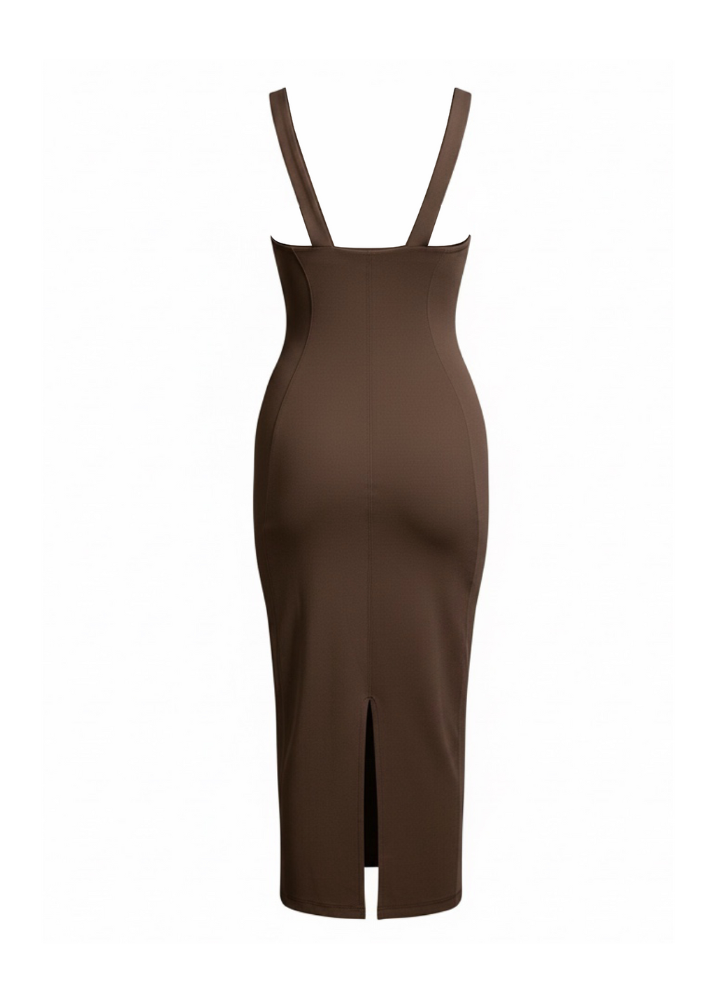 A dark brown bodycon midi dress with thin shoulder straps and a front slit, shown on a plain white background.