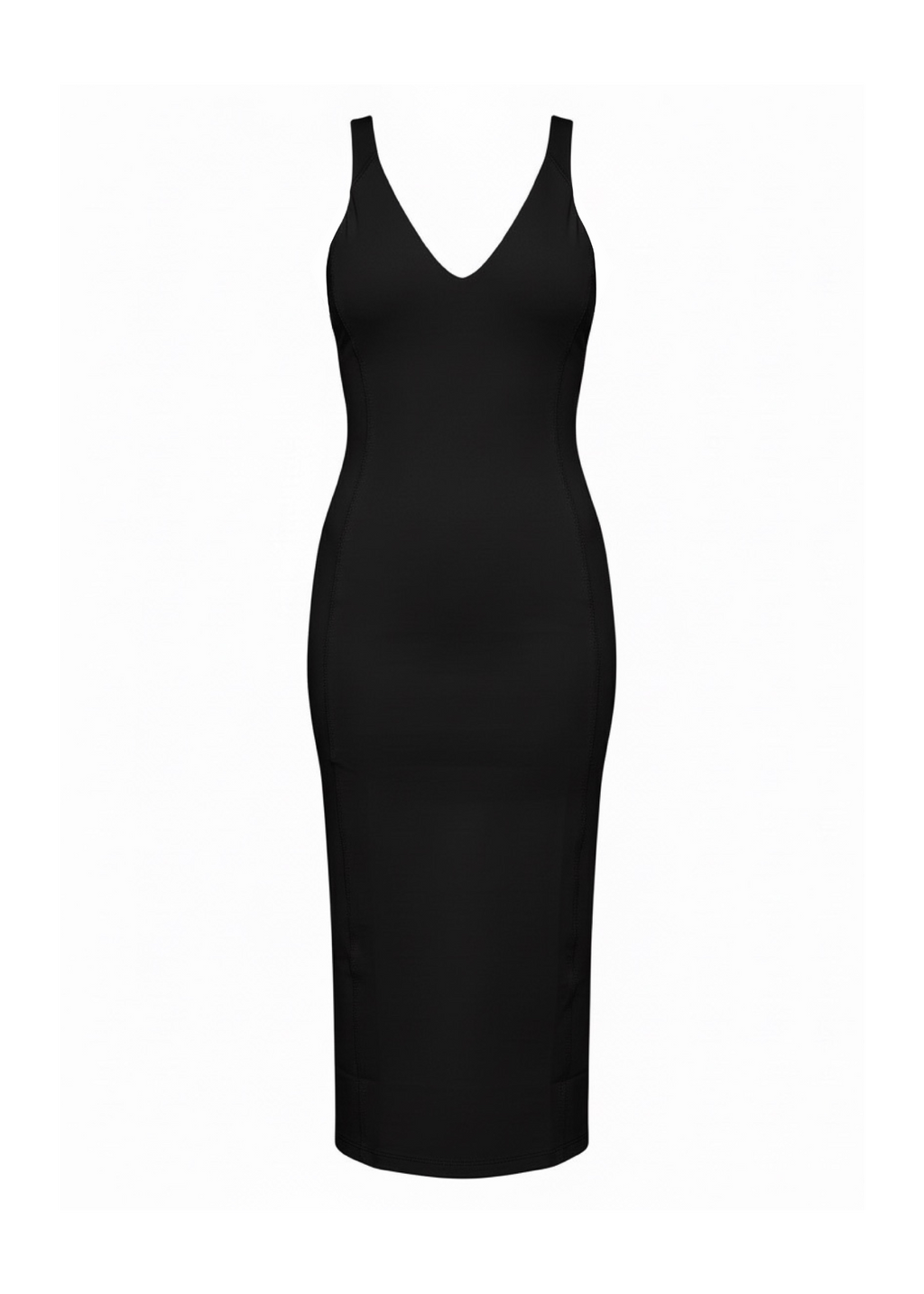 A black sleeveless bodycon midi dress with a deep V-neckline, shown on a plain white background.