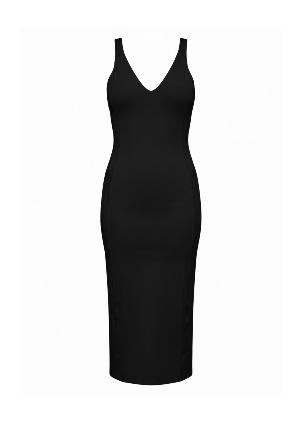 A black sleeveless bodycon midi dress with a deep V-neckline, shown on a plain white background.