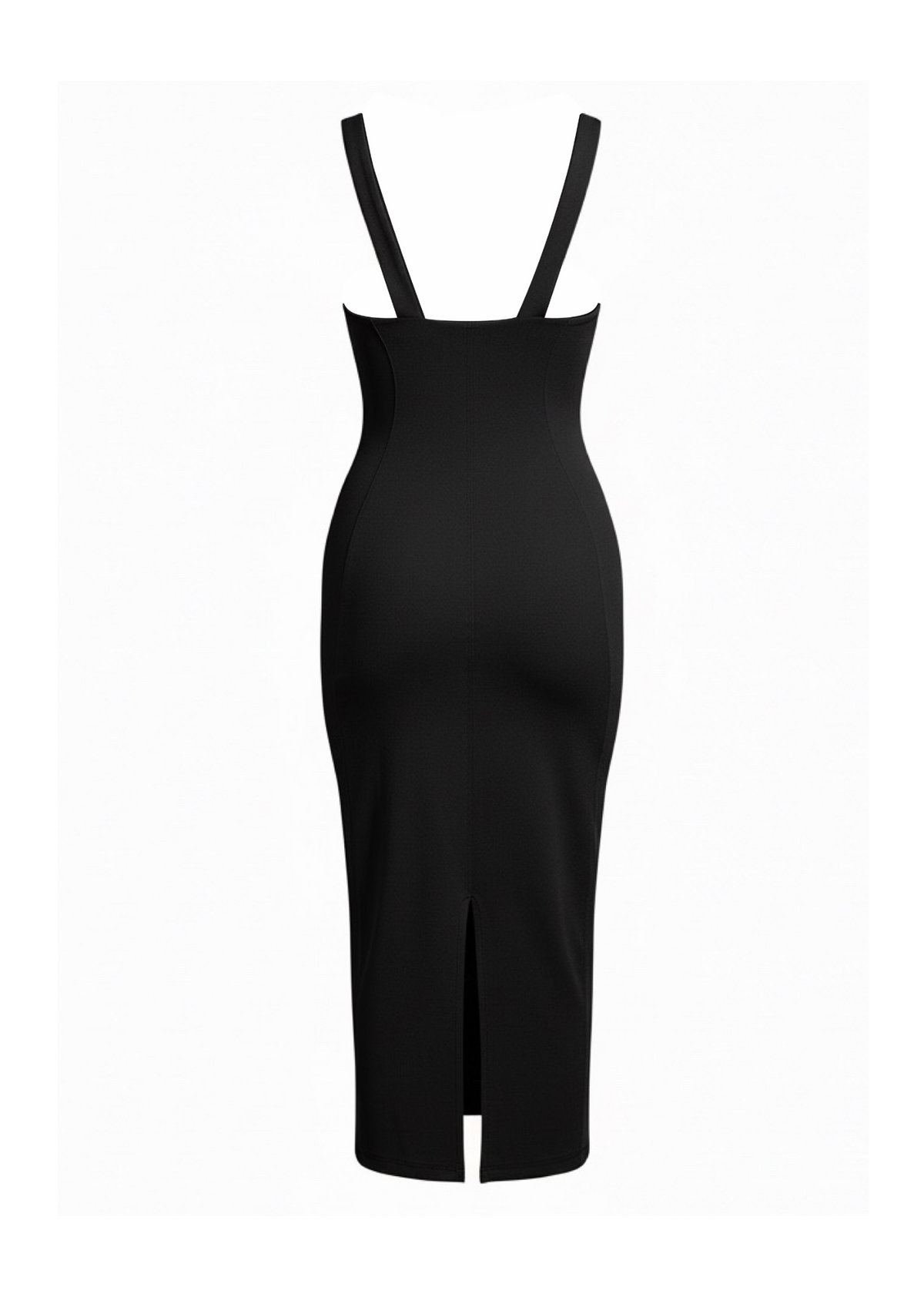 A black bodycon midi dress with thin shoulder straps and a front slit, shown on a plain white background.
